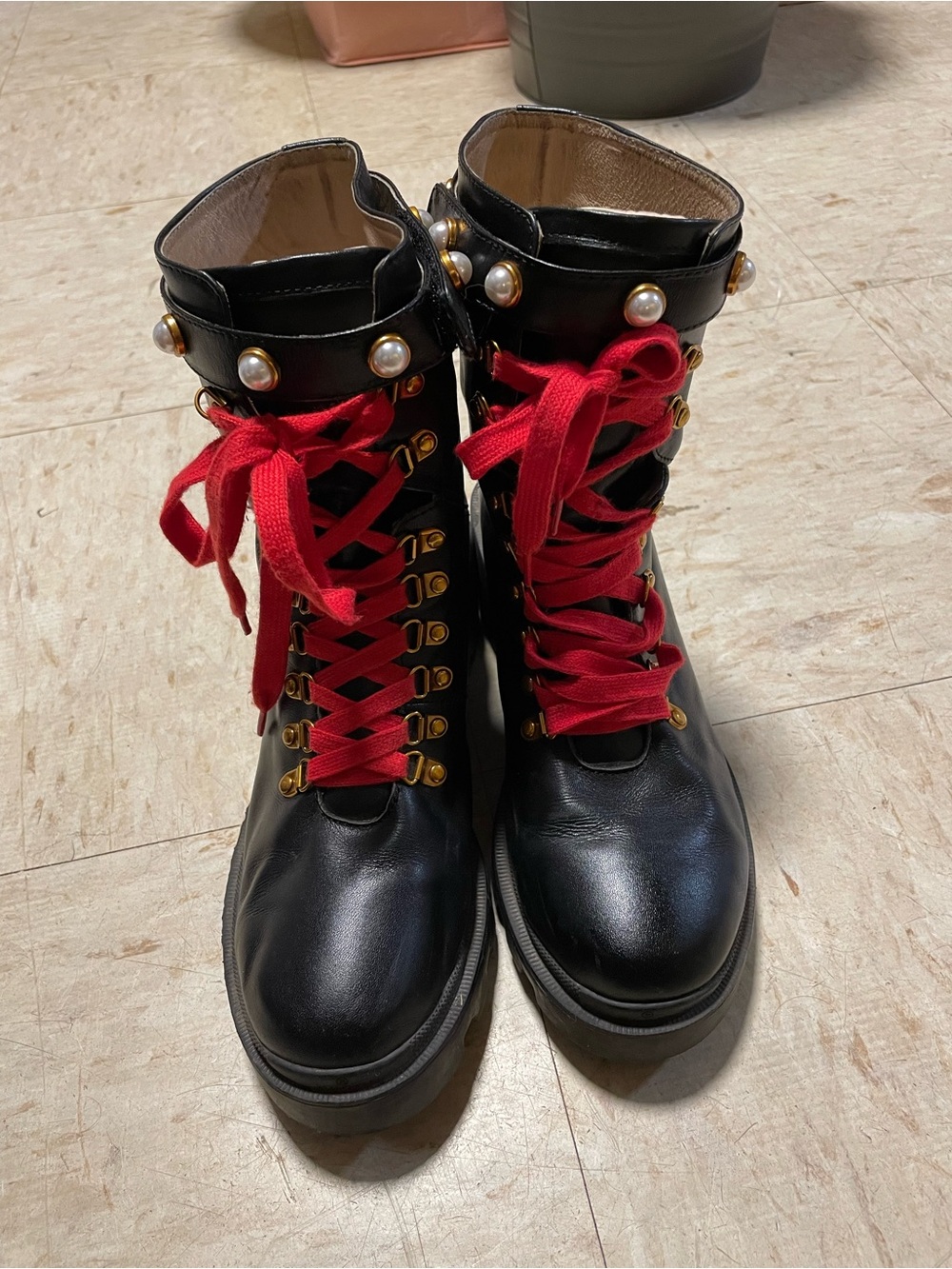Black Leather Combat Boots with Red Laces and Pearl Accents 7.5